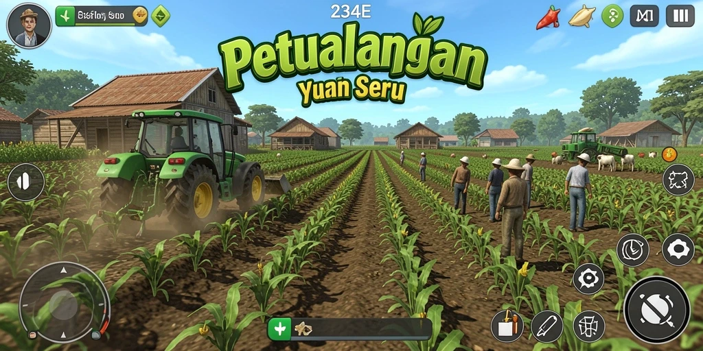 Tangkapan layar gameplay 234E yang menampilkan pertanian yang indah.