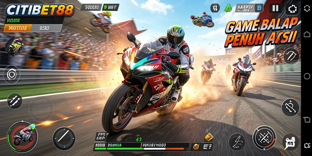 Gameplay seru dengan balapan motor penuh aksi.