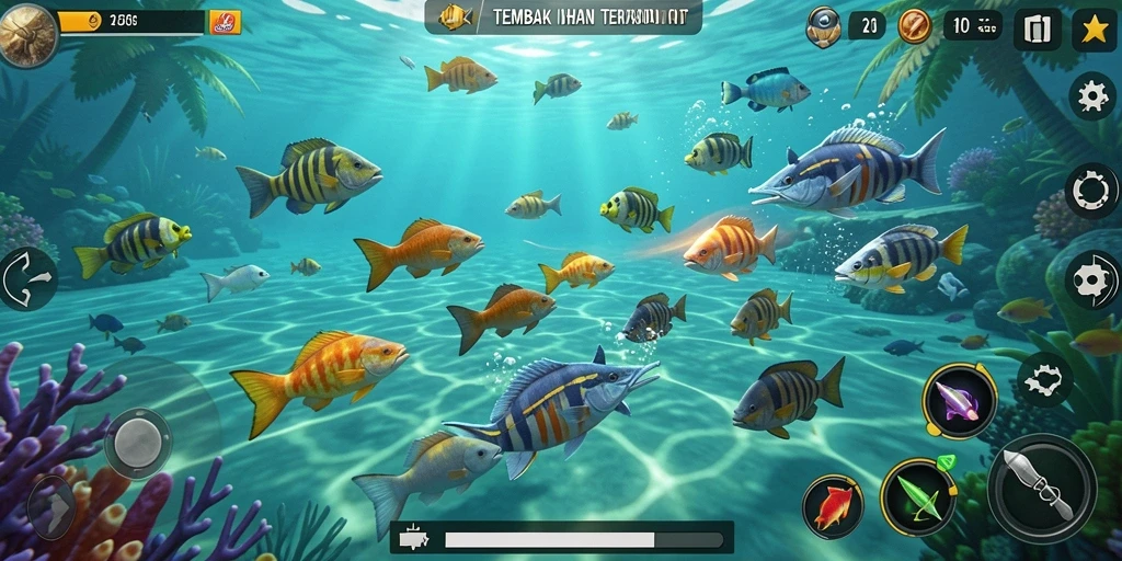 Tampilan gameplay JUARAGO dengan aksi tembak ikan yang seru.