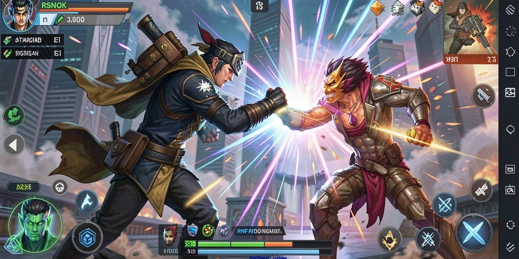 Screenshot gameplay RSNOK menampilkan pertarungan karakter dengan efek visual yang dramatis.